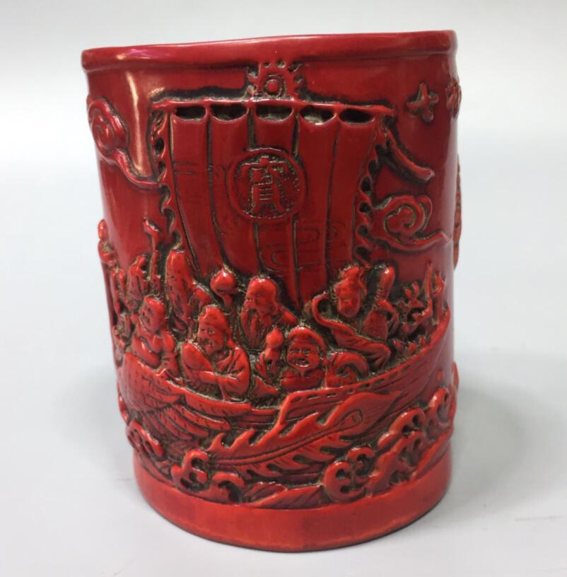 Chinese imitation red coral eight immortals Pen holder crafts statue