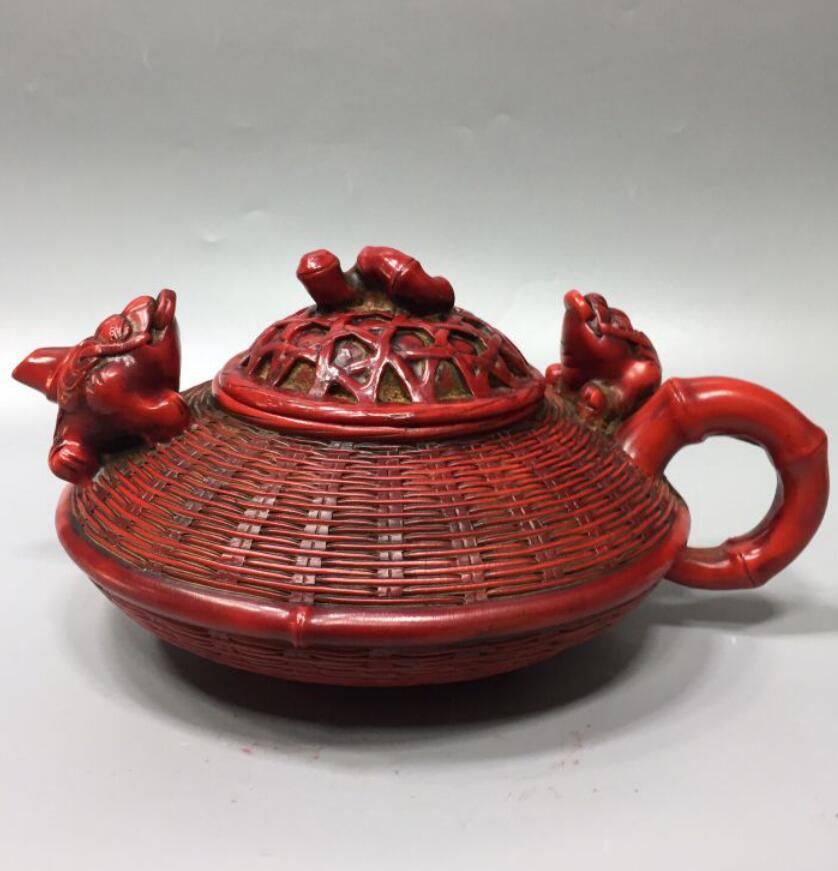 Chinese imitation red coral fish basket shape teapot crafts statue