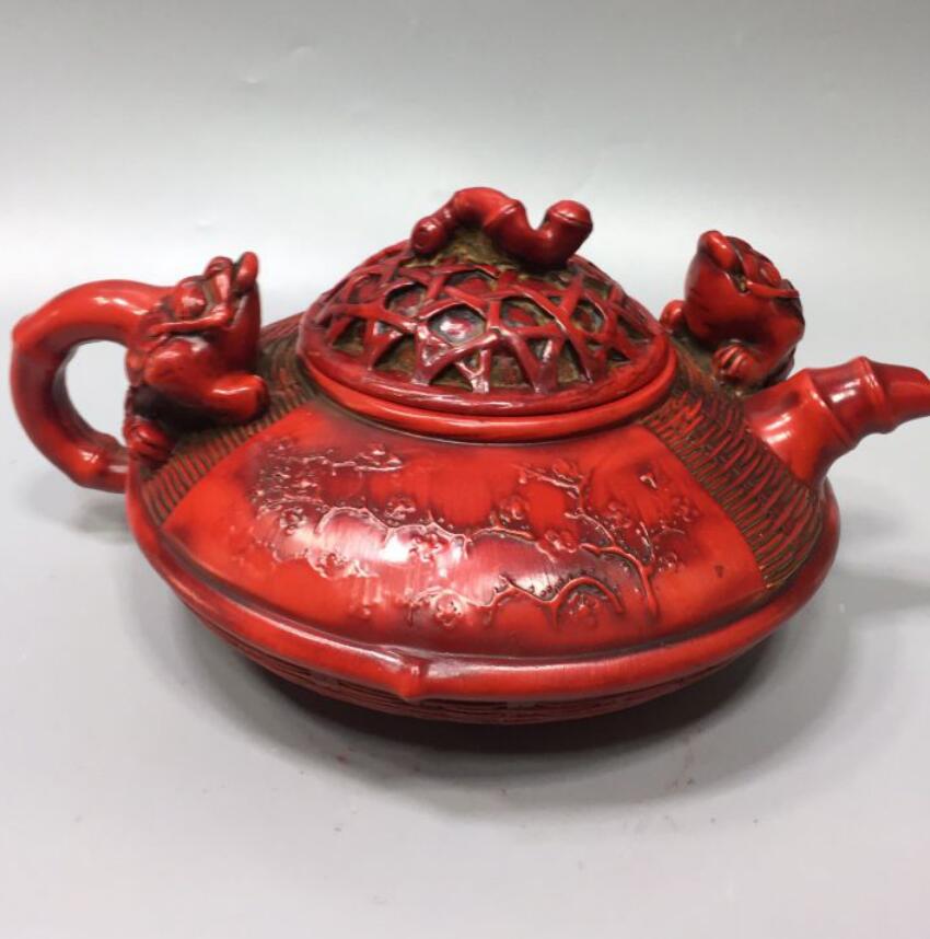 Chinese imitation red coral fish basket shape teapot crafts statue