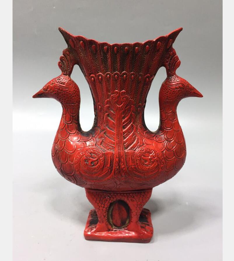 Chinese imitation red coral Double head phoenix cup crafts statue