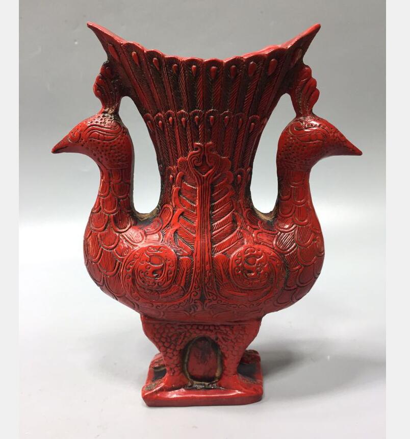 Chinese imitation red coral Double head phoenix cup crafts statue