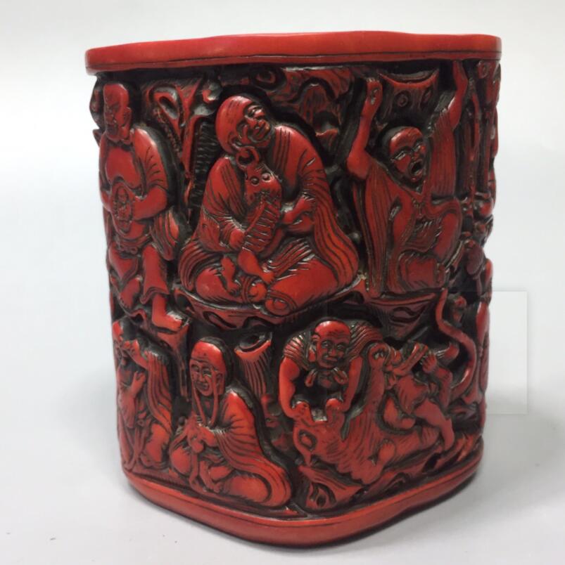 Chinese imitation red coral Eighteen Arhats Pen holder crafts statue