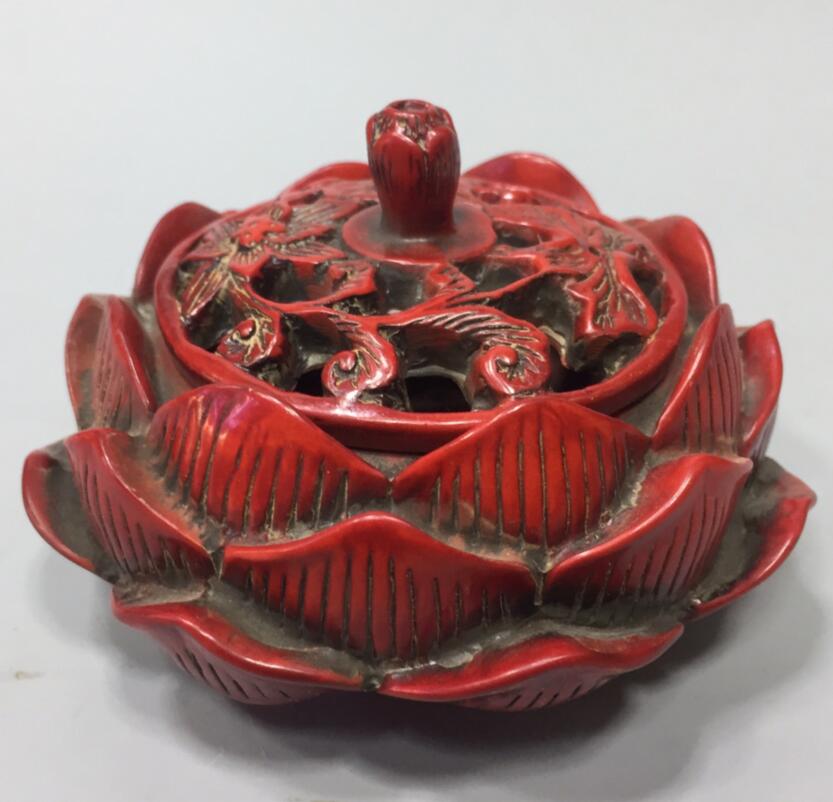 Chinese imitation red coral lotus Incense burner small crafts statue