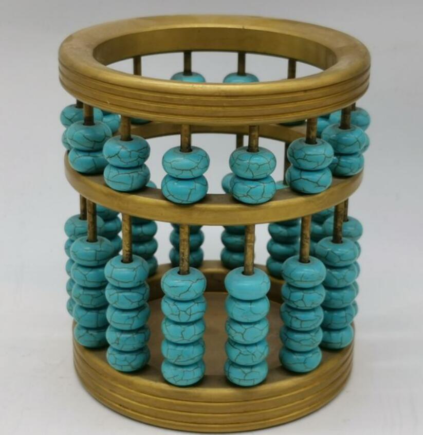 China brass imitation turquoise cylindrical abacus Pen holder crafts statue