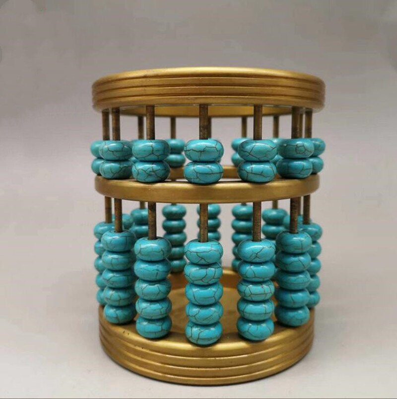 China brass imitation turquoise cylindrical abacus Pen holder crafts statue