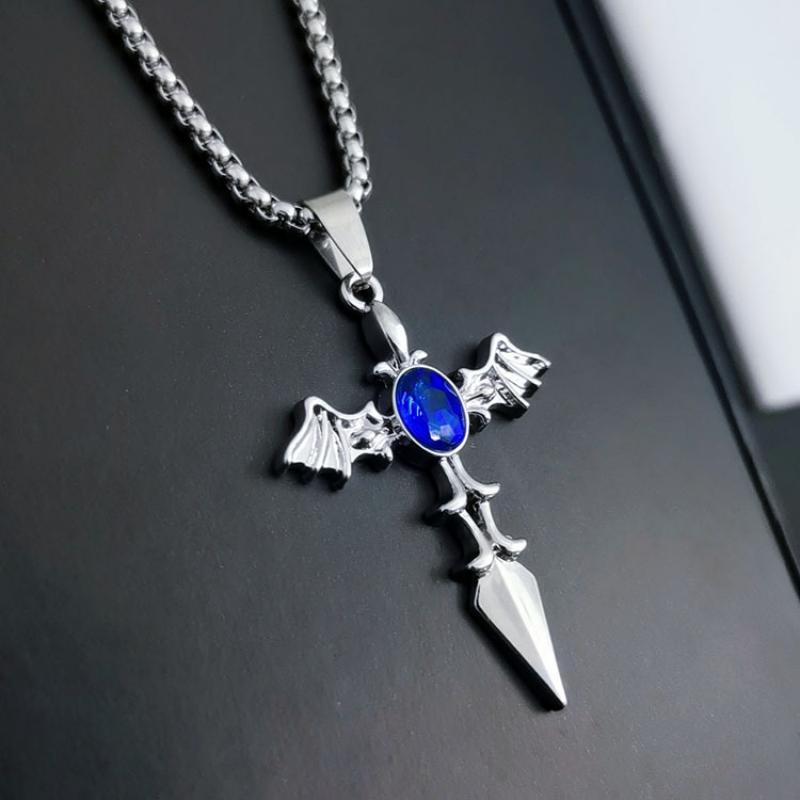 Exquisite Vintage Viking Devil Wings Cross Pendant Men Stainless Steel Chain Sweater Necklace Hip Hop Jewelry Gift Wholesale