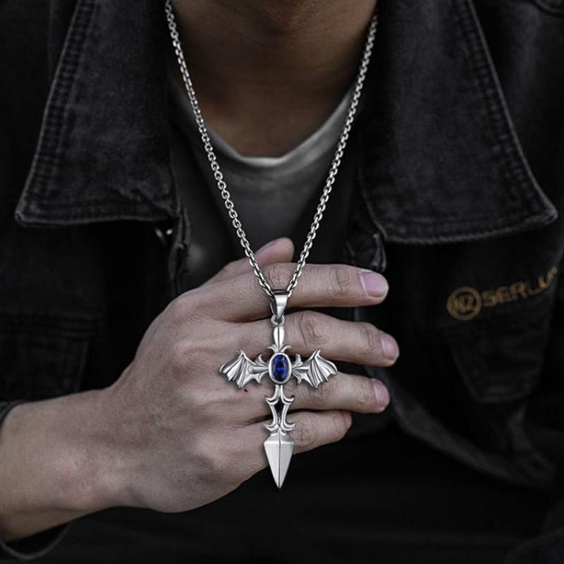 Exquisite Vintage Viking Devil Wings Cross Pendant Men Stainless Steel Chain Sweater Necklace Hip Hop Jewelry Gift Wholesale