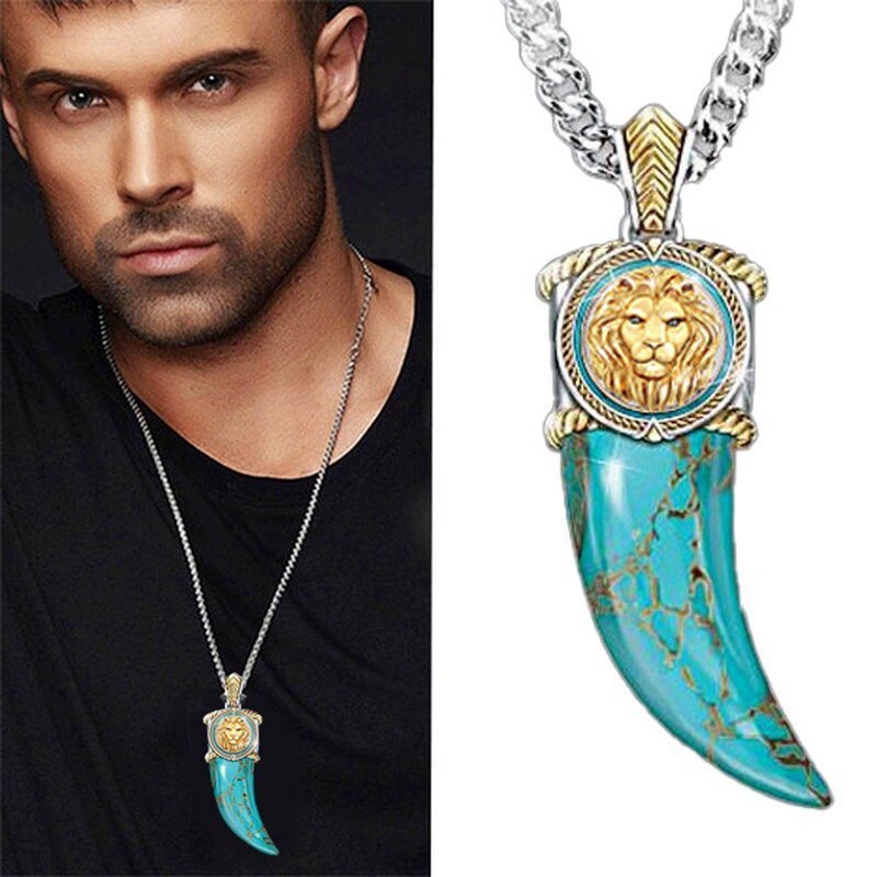 Turquoise Lion Necklace Buffalo Horn Celtic Necklace Stainless Steel Mens Jewellery Pendant Necklace Indians Beasts Necklace