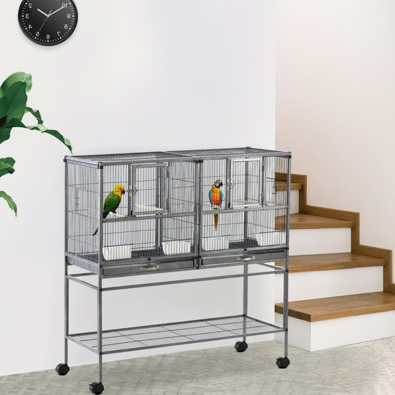 Metal Bird Cage for Finch Canaries Parakeets Cockatiels with Rolling Stand, Removable Metal Tray, Storage Shelf, Wood Perch