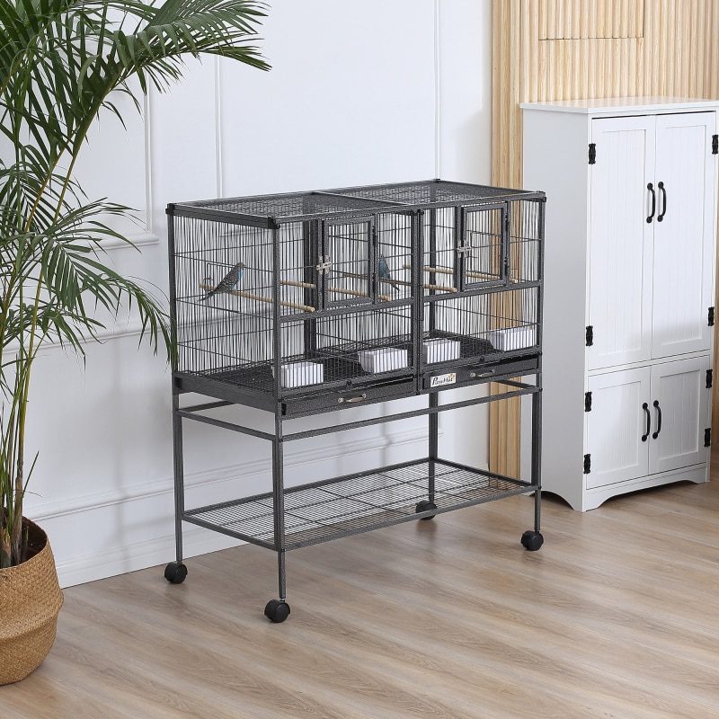 Metal Bird Cage for Finch Canaries Parakeets Cockatiels with Rolling Stand, Removable Metal Tray, Storage Shelf, Wood Perch