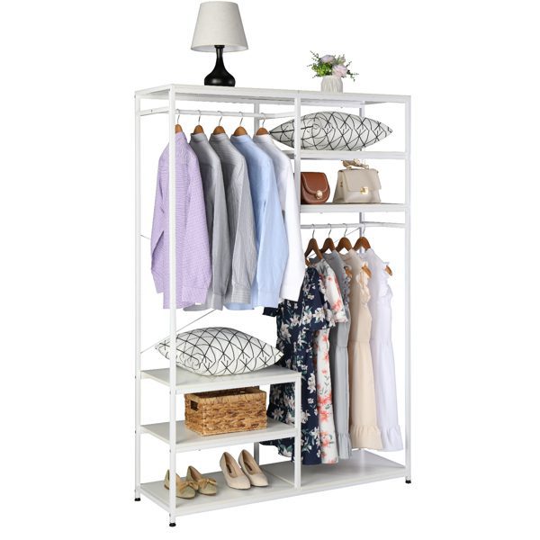 White Stand Alone Wardrobe，Wardrobe Hanger And Multiple Storage Racks, Heavy Metal Wardrobe Storage Hanger For Bedroom