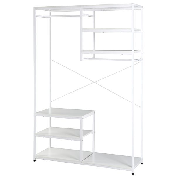 White Stand Alone Wardrobe，Wardrobe Hanger And Multiple Storage Racks, Heavy Metal Wardrobe Storage Hanger For Bedroom