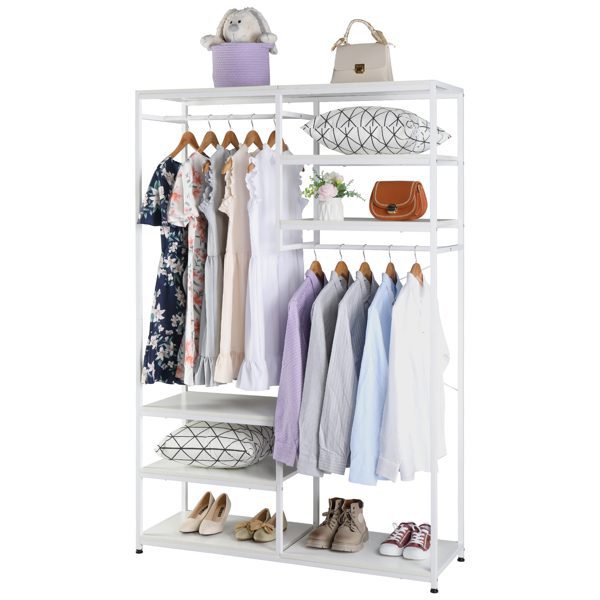 White Stand Alone Wardrobe，Wardrobe Hanger And Multiple Storage Racks, Heavy Metal Wardrobe Storage Hanger For Bedroom