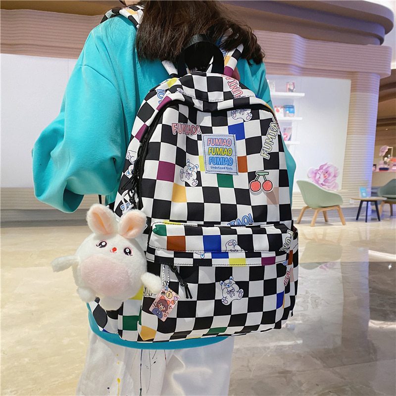 Fashion New Lady Lattice Travel Cartoon Bag Female Plaid Cute College Backpack Trendy Women Bag Girl Cool Kawaii Laptop Backpack