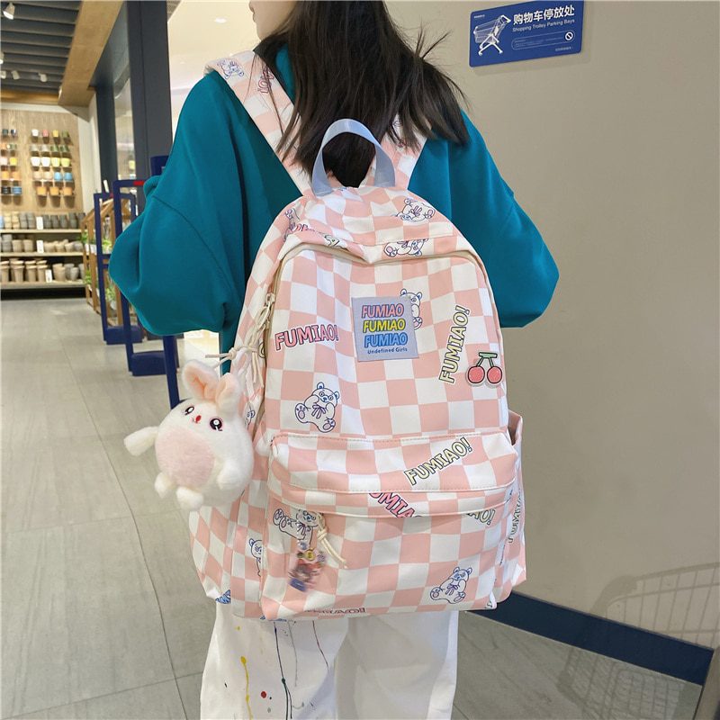 Fashion New Lady Lattice Travel Cartoon Bag Female Plaid Cute College Backpack Trendy Women Bag Girl Cool Kawaii Laptop Backpack