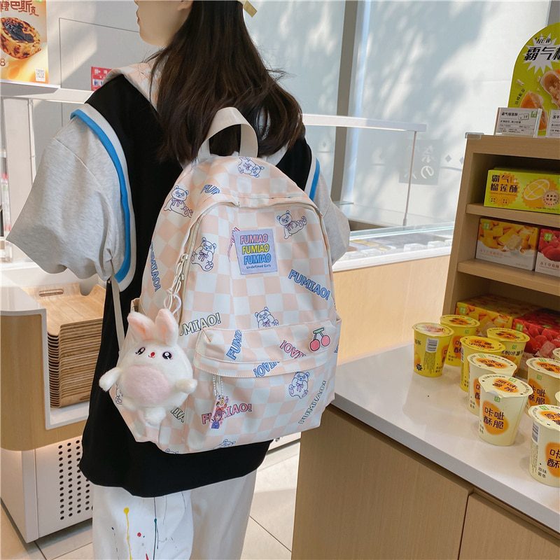 Fashion New Lady Lattice Travel Cartoon Bag Female Plaid Cute College Backpack Trendy Women Bag Girl Cool Kawaii Laptop Backpack