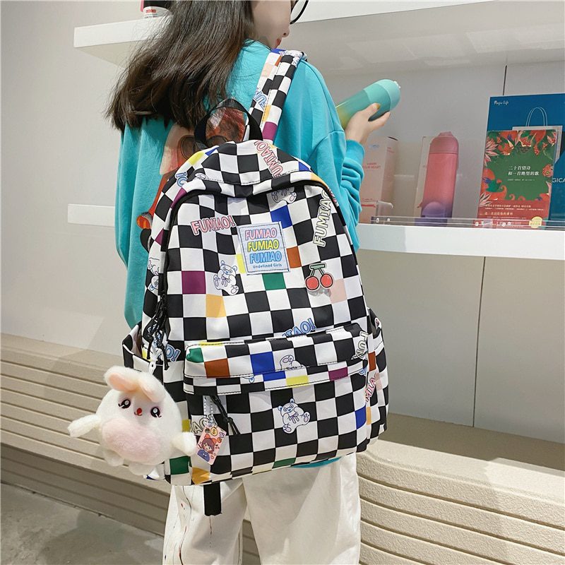 Fashion New Lady Lattice Travel Cartoon Bag Female Plaid Cute College Backpack Trendy Women Bag Girl Cool Kawaii Laptop Backpack