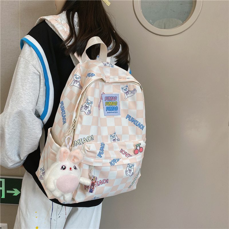 Fashion New Lady Lattice Travel Cartoon Bag Female Plaid Cute College Backpack Trendy Women Bag Girl Cool Kawaii Laptop Backpack