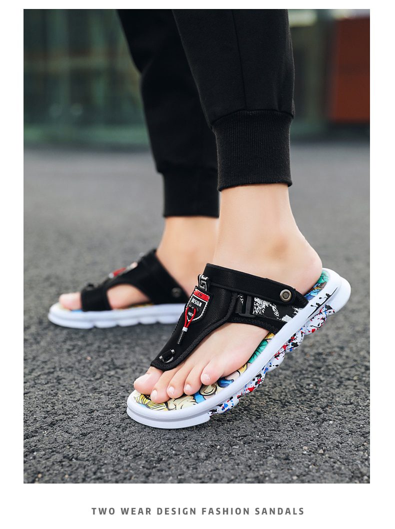 New Chinese Style Sandals Men Graffiti Printed Slippers Comfort Pinch Sandals Men Outdoor Casual Beach Slippers Men's Flip-flops