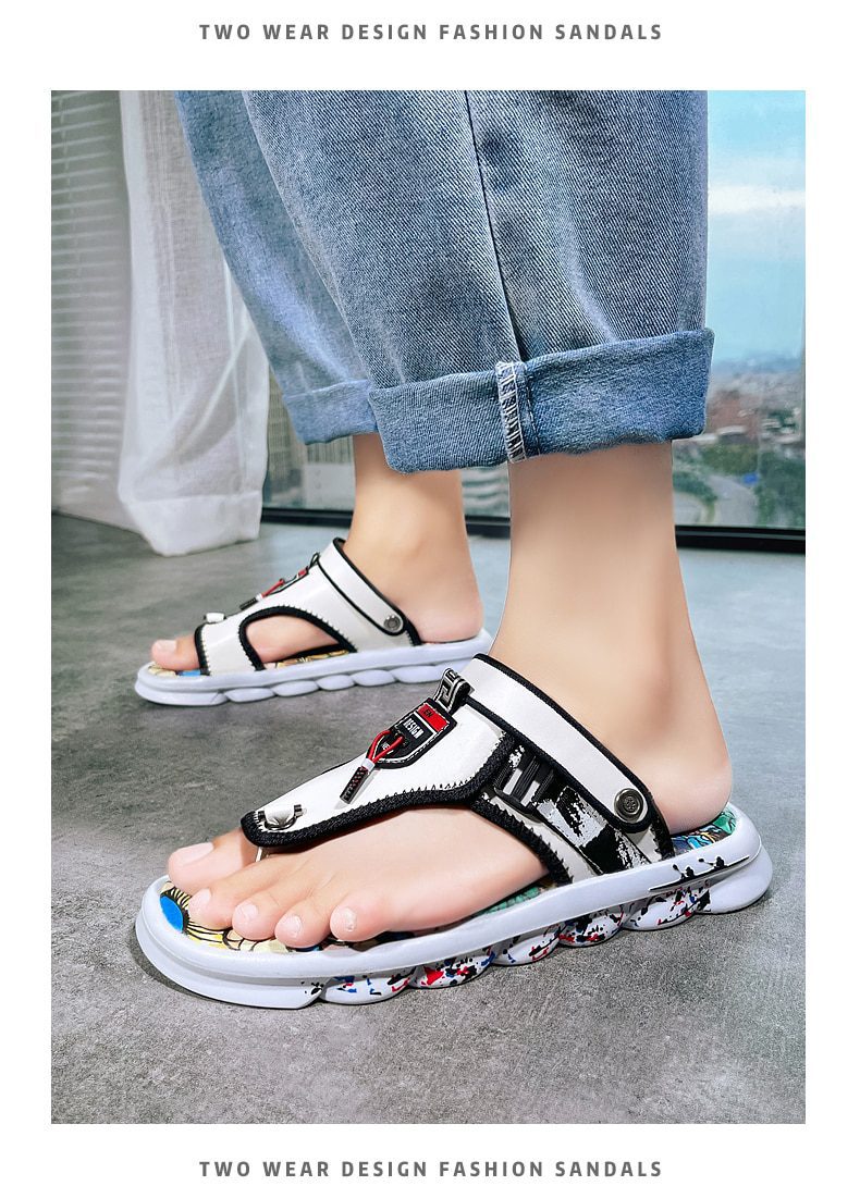 New Chinese Style Sandals Men Graffiti Printed Slippers Comfort Pinch Sandals Men Outdoor Casual Beach Slippers Men's Flip-flops