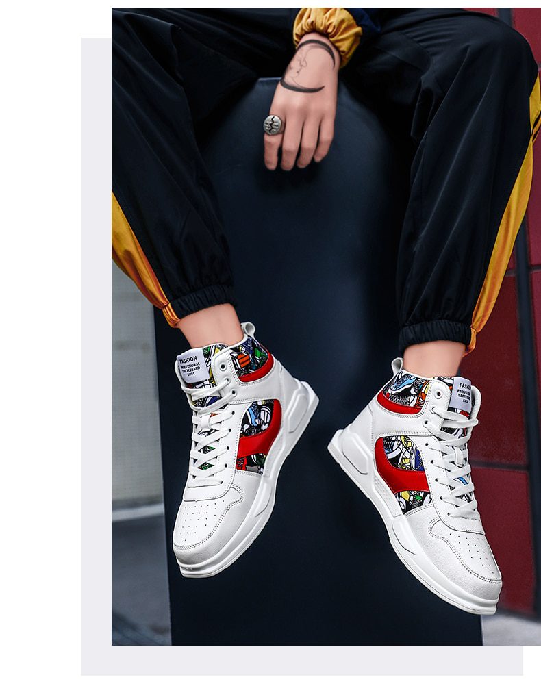 Autumn Graffiti Printing Men's Casual Shoes Sneakers Red High Top Vulcanized Shoes For Men Hip Hop Platform Flat Couple Sneakers