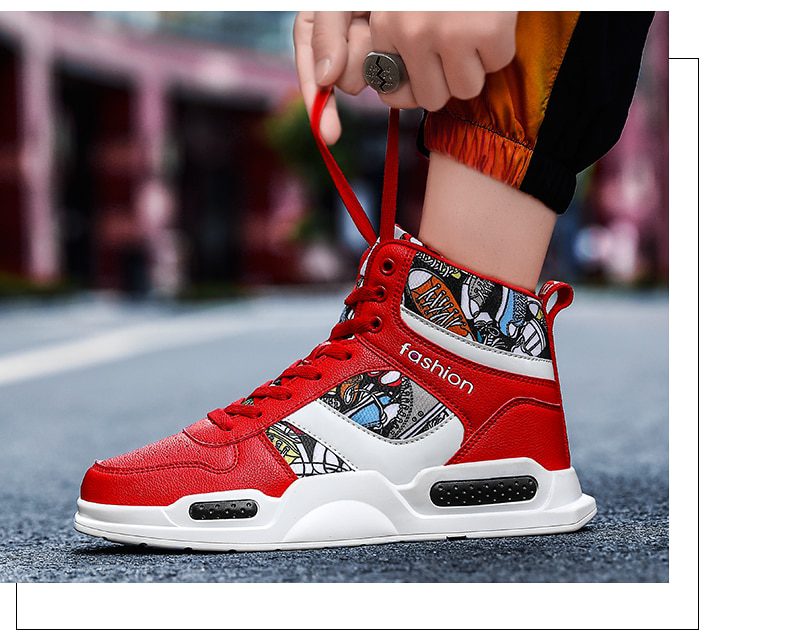 Autumn Graffiti Printing Men's Casual Shoes Sneakers Red High Top Vulcanized Shoes For Men Hip Hop Platform Flat Couple Sneakers