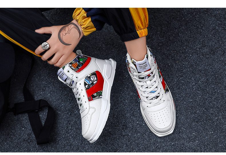 Autumn Graffiti Printing Men's Casual Shoes Sneakers Red High Top Vulcanized Shoes For Men Hip Hop Platform Flat Couple Sneakers