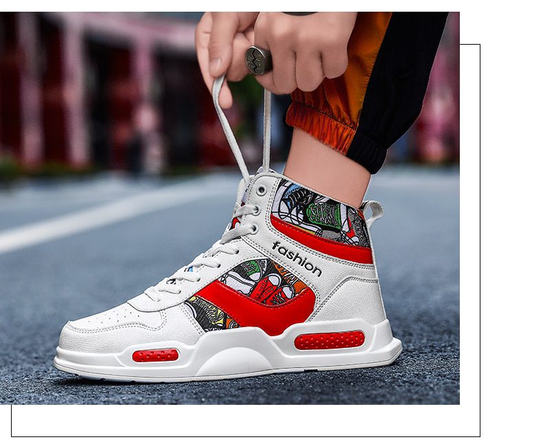 Autumn Graffiti Printing Men's Casual Shoes Sneakers Red High Top Vulcanized Shoes For Men Hip Hop Platform Flat Couple Sneakers