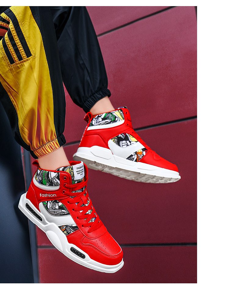 Autumn Graffiti Printing Men's Casual Shoes Sneakers Red High Top Vulcanized Shoes For Men Hip Hop Platform Flat Couple Sneakers