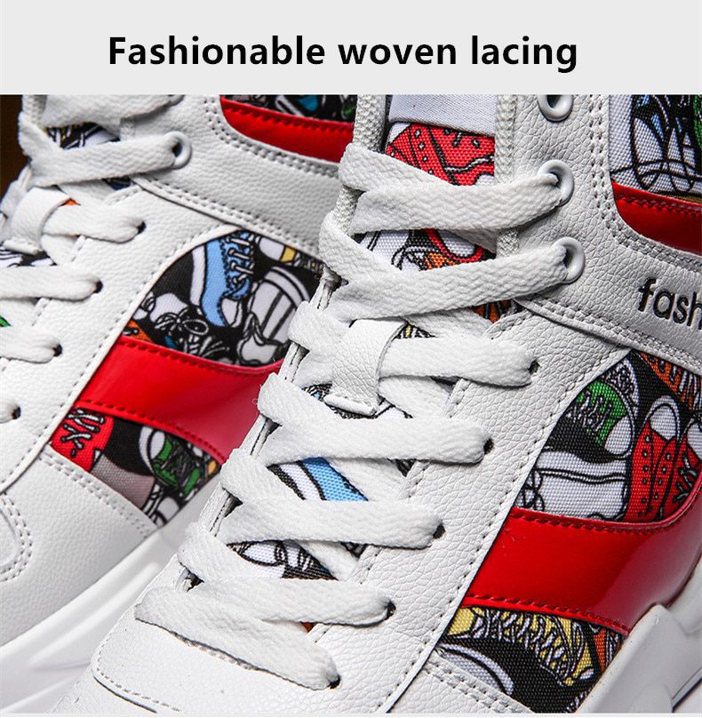 Autumn Graffiti Printing Men's Casual Shoes Sneakers Red High Top Vulcanized Shoes For Men Hip Hop Platform Flat Couple Sneakers