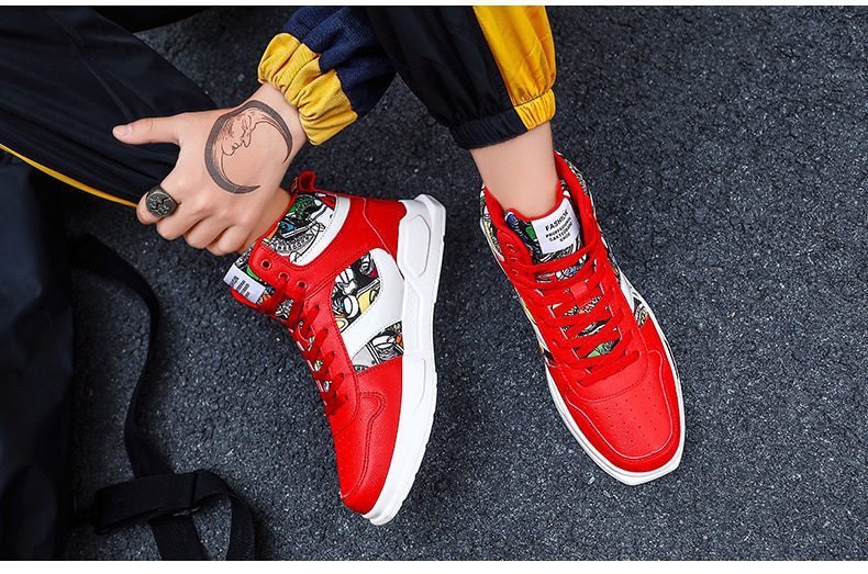 Autumn Graffiti Printing Men's Casual Shoes Sneakers Red High Top Vulcanized Shoes For Men Hip Hop Platform Flat Couple Sneakers