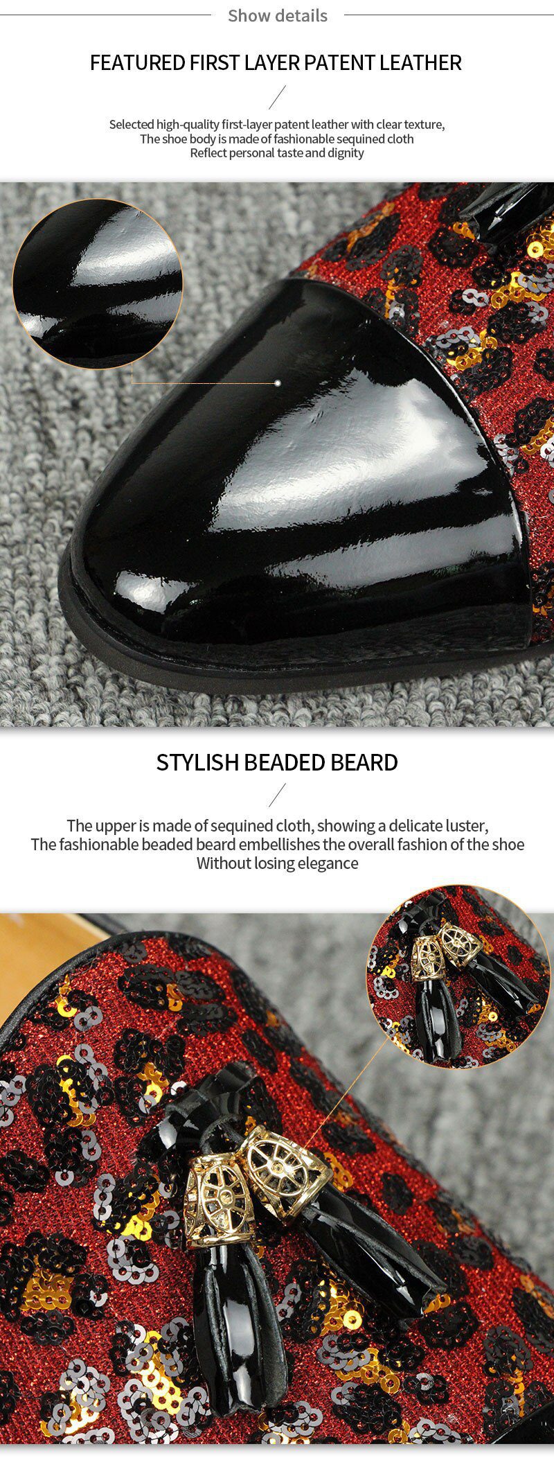 Loafers Shoes for Men Patent Leather Sequins Modern Designer Style Daily Party Footwear Fashion Slip-on Handmade Red Customized