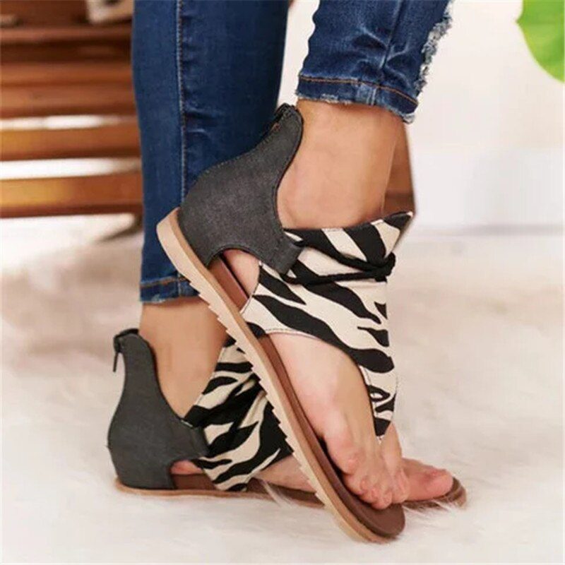 Summer Women Sandals Flats Zippers Flip Flops Ladies Casual women Shoes Leopard Open Toe Solid Beach Flats Women's Sandals