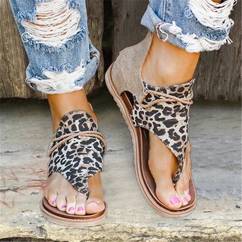 Summer Women Sandals Flats Zippers Flip Flops Ladies Casual women Shoes Leopard Open Toe Solid Beach Flats Women's Sandals