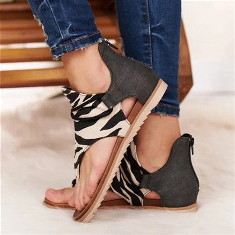 Summer Women Sandals Flats Zippers Flip Flops Ladies Casual women Shoes Leopard Open Toe Solid Beach Flats Women's Sandals