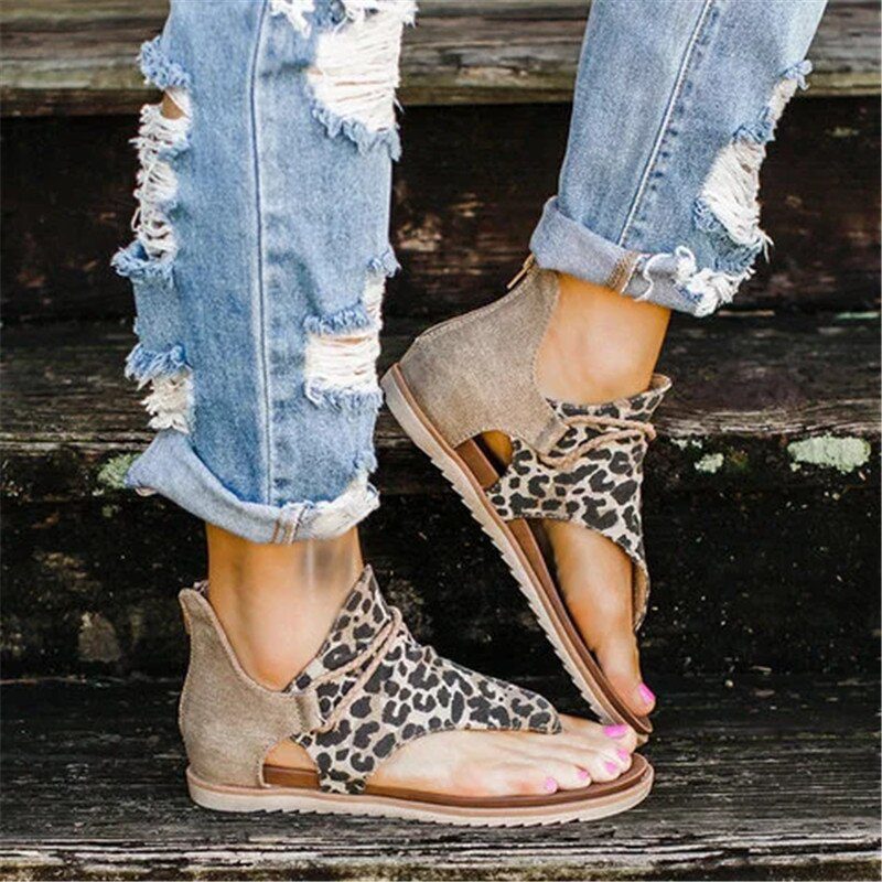 Summer Women Sandals Flats Zippers Flip Flops Ladies Casual women Shoes Leopard Open Toe Solid Beach Flats Women's Sandals