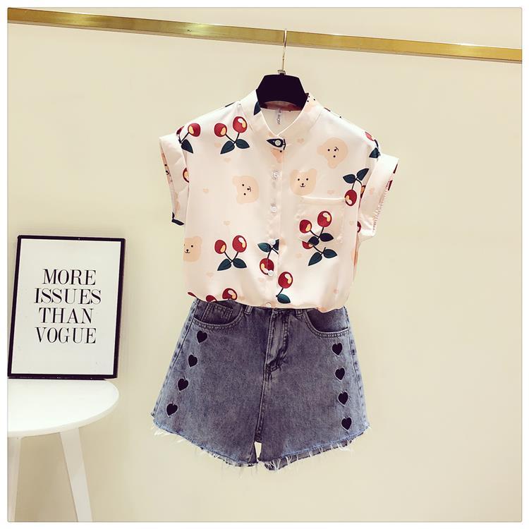 Cherry Print Chiffon Shirt Spring Summer Fashion Blouse 2023 Short Sleeve Turn Down Collar Blouse for Women Korean Style Shirt