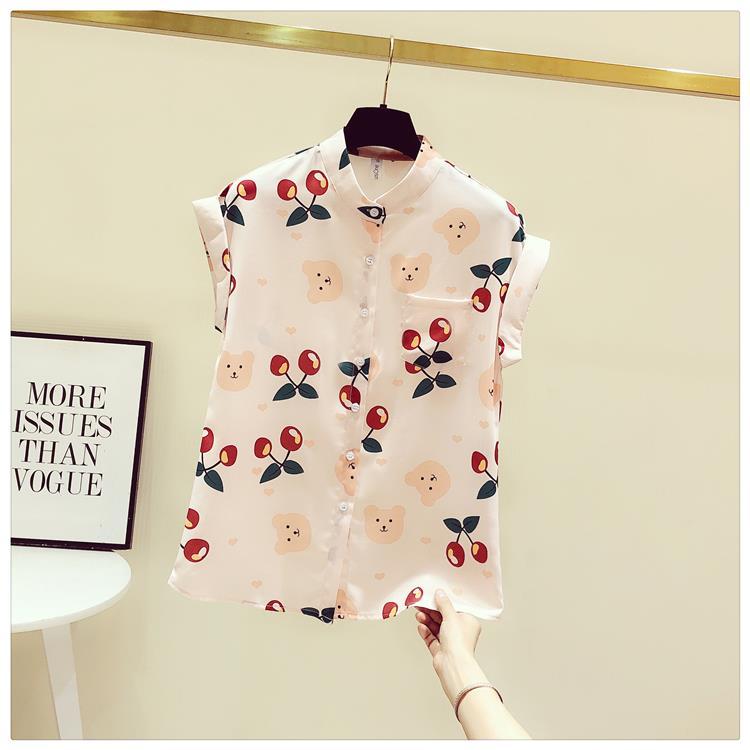 Cherry Print Chiffon Shirt Spring Summer Fashion Blouse 2023 Short Sleeve Turn Down Collar Blouse for Women Korean Style Shirt