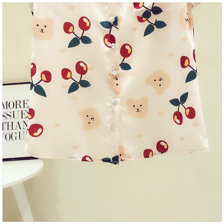 Cherry Print Chiffon Shirt Spring Summer Fashion Blouse 2023 Short Sleeve Turn Down Collar Blouse for Women Korean Style Shirt