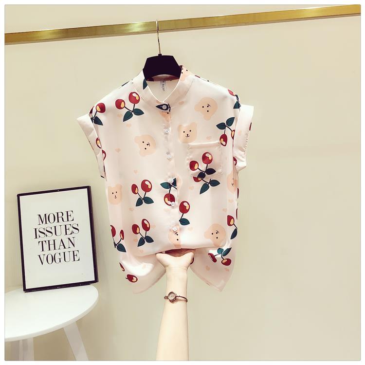 Cherry Print Chiffon Shirt Spring Summer Fashion Blouse 2023 Short Sleeve Turn Down Collar Blouse for Women Korean Style Shirt