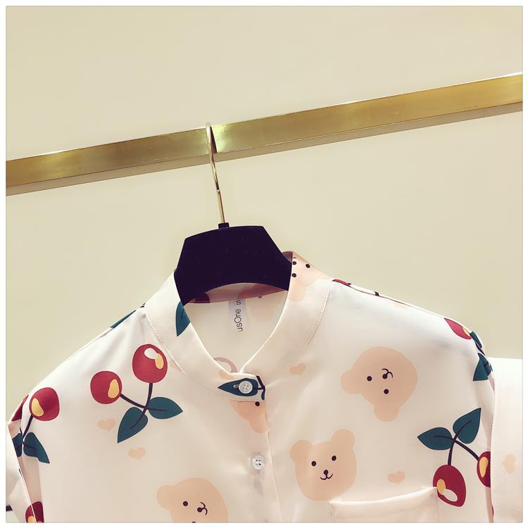 Cherry Print Chiffon Shirt Spring Summer Fashion Blouse 2023 Short Sleeve Turn Down Collar Blouse for Women Korean Style Shirt