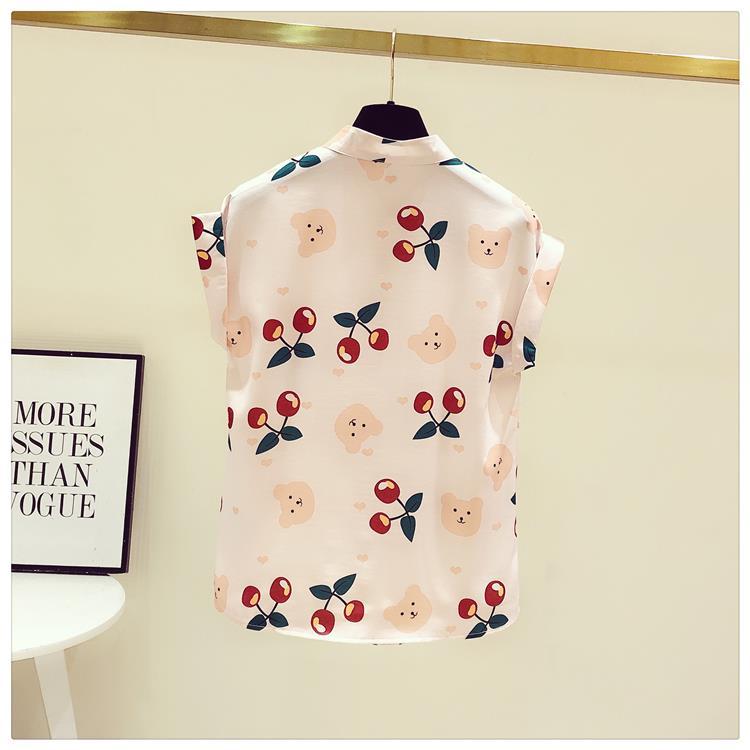 Cherry Print Chiffon Shirt Spring Summer Fashion Blouse 2023 Short Sleeve Turn Down Collar Blouse for Women Korean Style Shirt