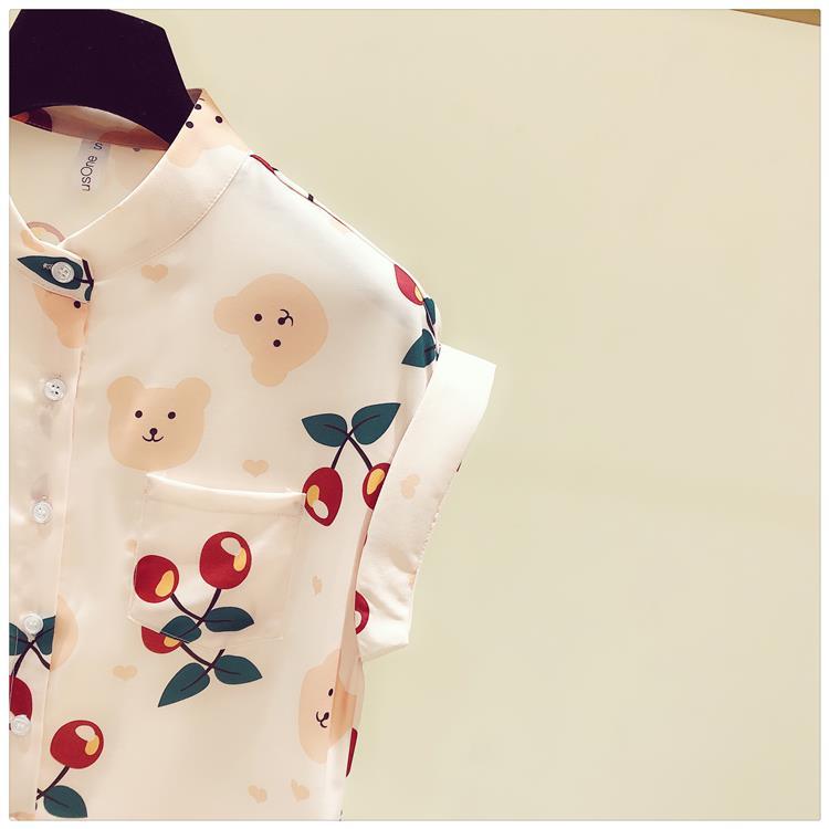 Cherry Print Chiffon Shirt Spring Summer Fashion Blouse 2023 Short Sleeve Turn Down Collar Blouse for Women Korean Style Shirt