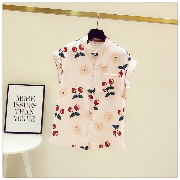 Cherry Print Chiffon Shirt Spring Summer Fashion Blouse 2023 Short Sleeve Turn Down Collar Blouse for Women Korean Style Shirt