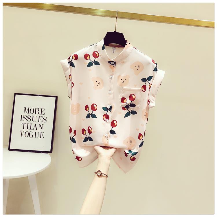 Cherry Print Chiffon Shirt Spring Summer Fashion Blouse 2023 Short Sleeve Turn Down Collar Blouse for Women Korean Style Shirt