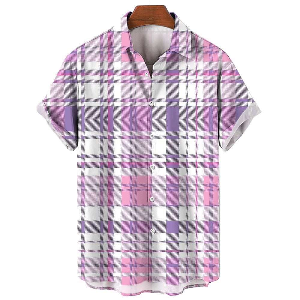 Men's Plaid Shirt Short Sleeve T-shirt 3d Striped Print T-shirt New Casual Men's Social Shirt Extra Large Camisa 2023