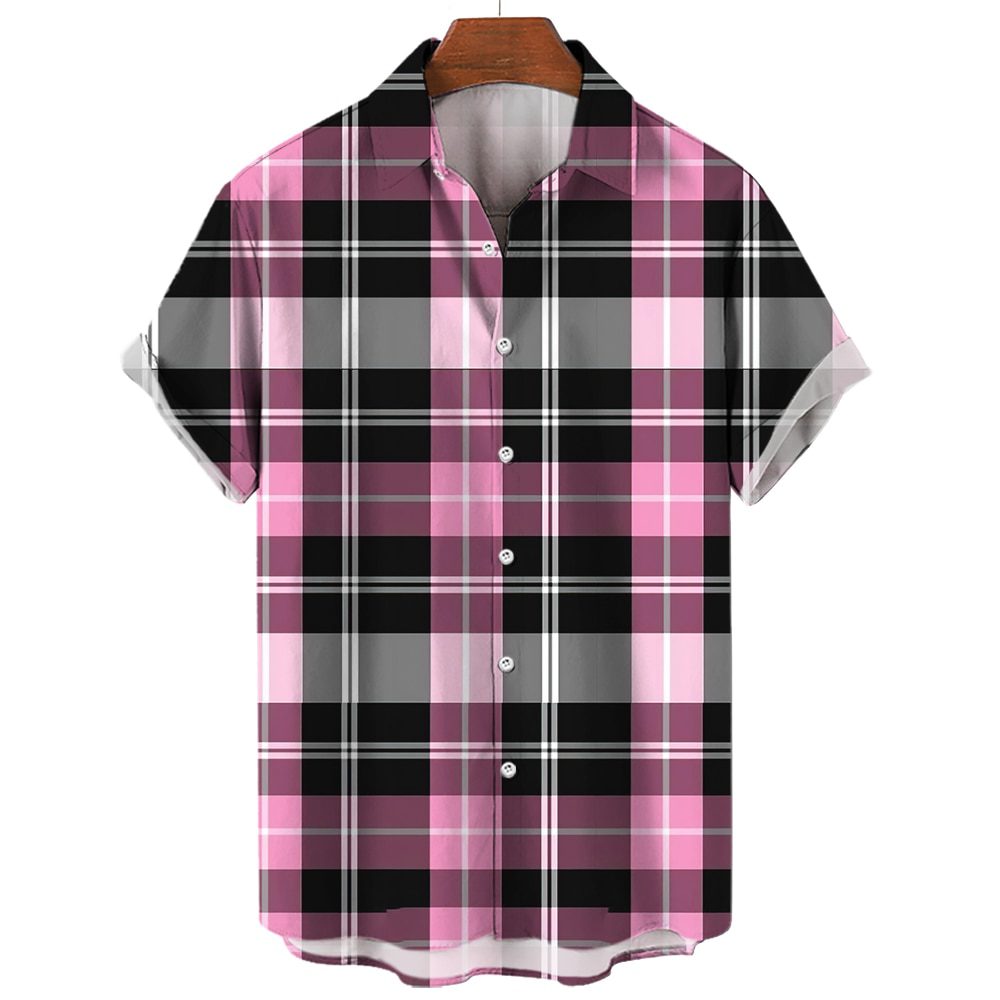 Men's Plaid Shirt Short Sleeve T-shirt 3d Striped Print T-shirt New Casual Men's Social Shirt Extra Large Camisa 2023