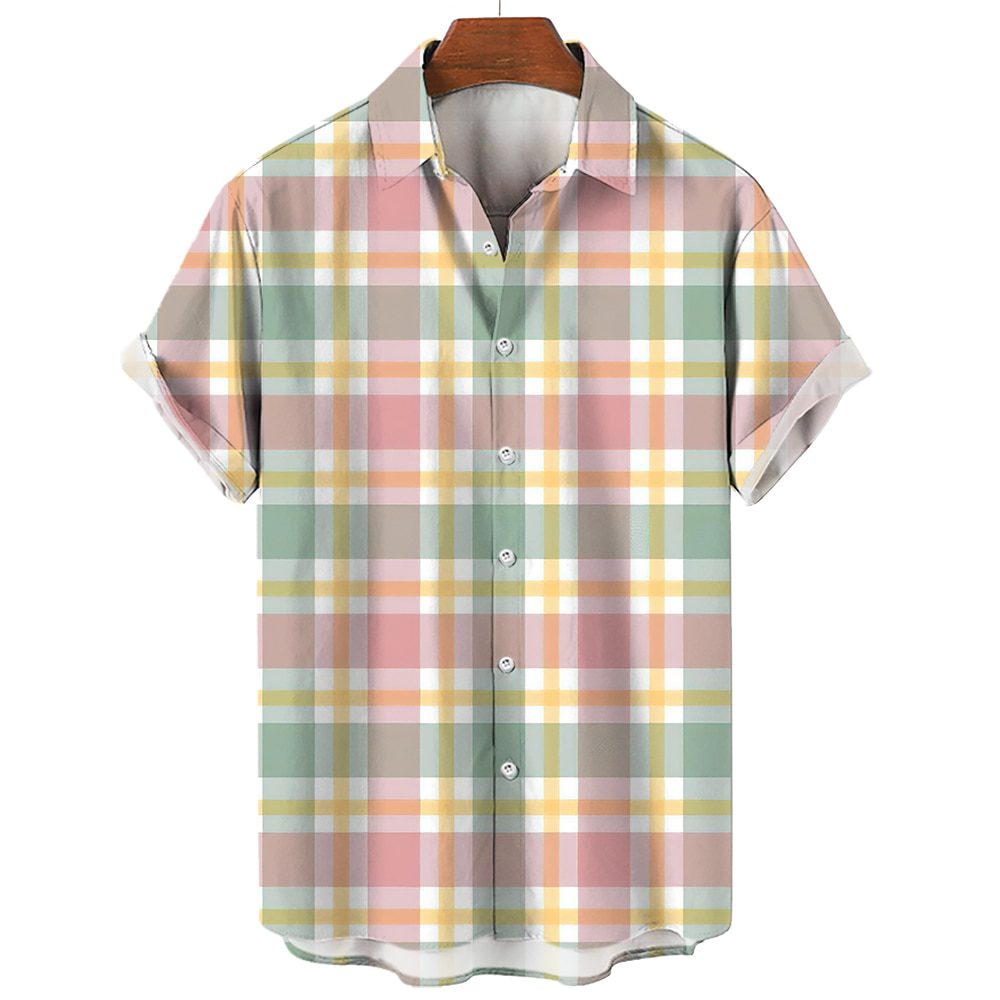 Men's Plaid Shirt Short Sleeve T-shirt 3d Striped Print T-shirt New Casual Men's Social Shirt Extra Large Camisa 2023