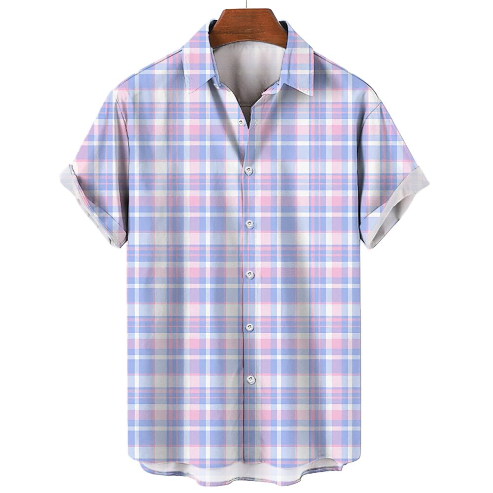 Men's Plaid Shirt Short Sleeve T-shirt 3d Striped Print T-shirt New Casual Men's Social Shirt Extra Large Camisa 2023