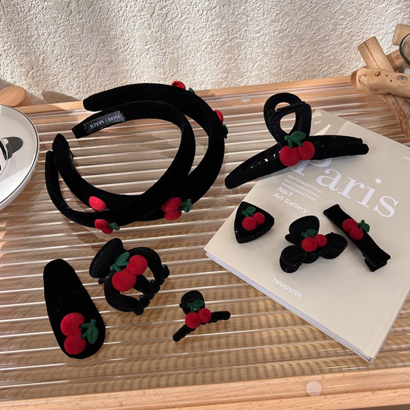 UXSL Vintage Flocked Red Cherry Hairpin Claws Clips Barrettes Headbands For Woman Girl Sweet Velvet Hair Hoops Hair Accessories